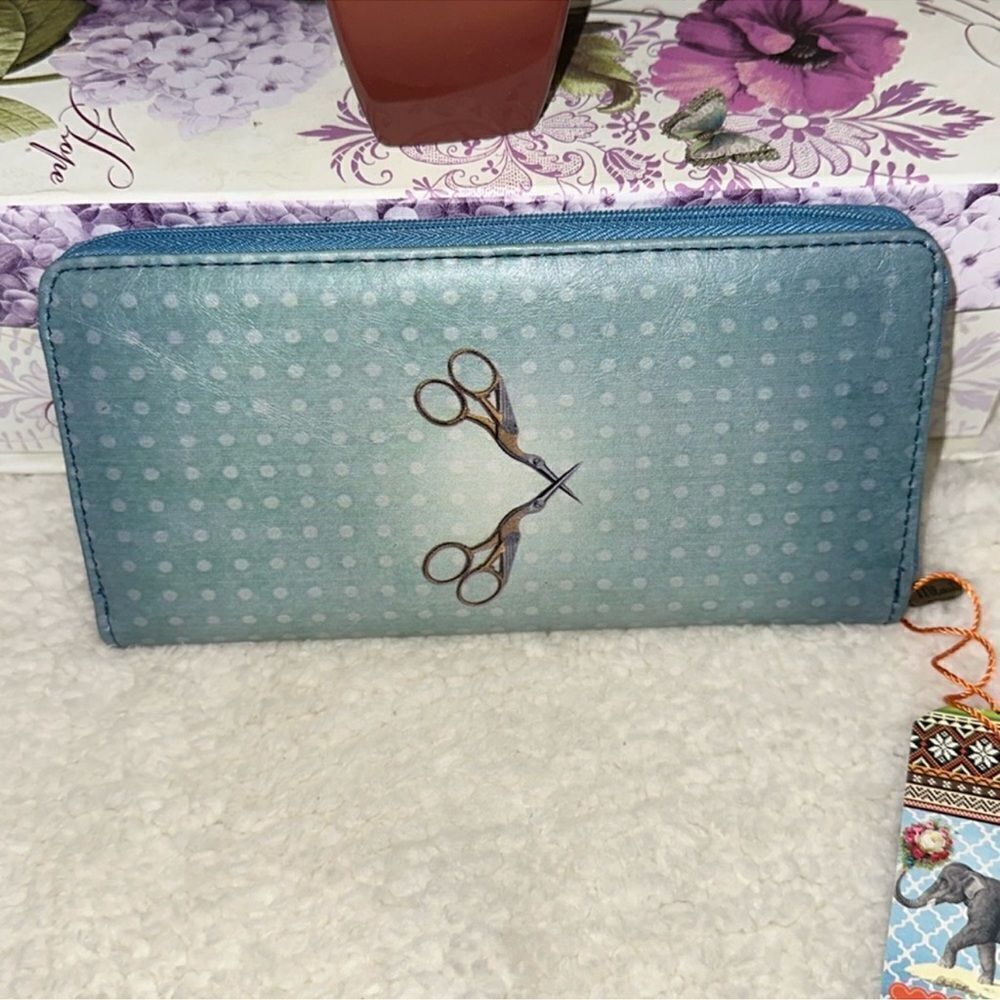 Mlaui Vegan Leather Wallet Blue Tones Polka Sewing Machine & Scissors Print